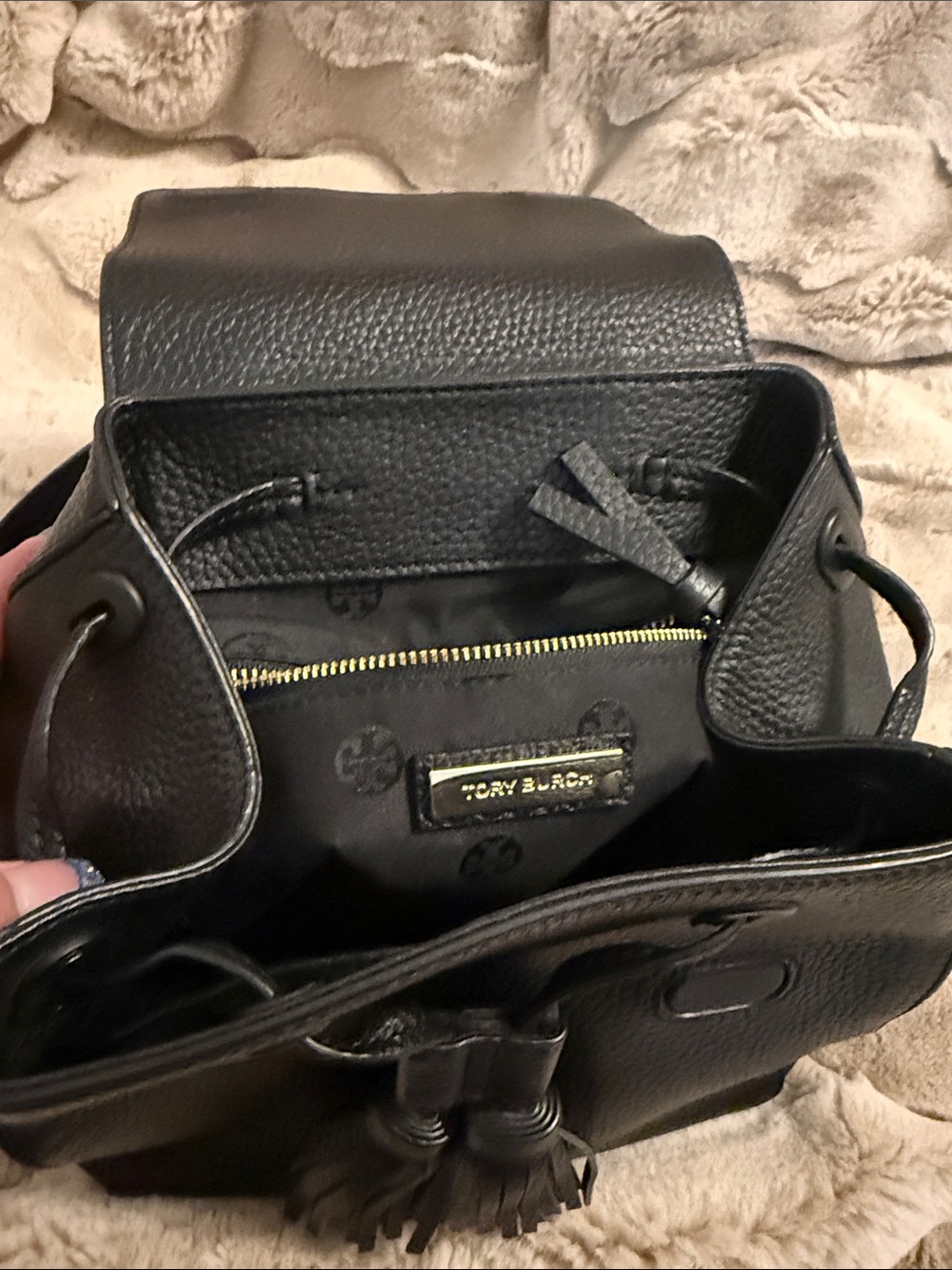 Tory Burch Black Pebbled Leather Tassel Mini Backpack - Picture 7 of 7